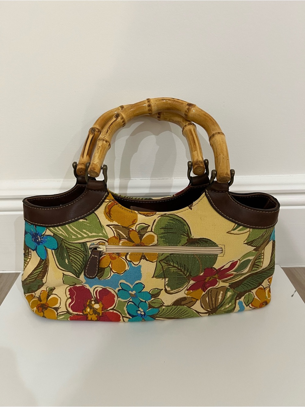 Vintage Floral Bamboo Handle Handbag